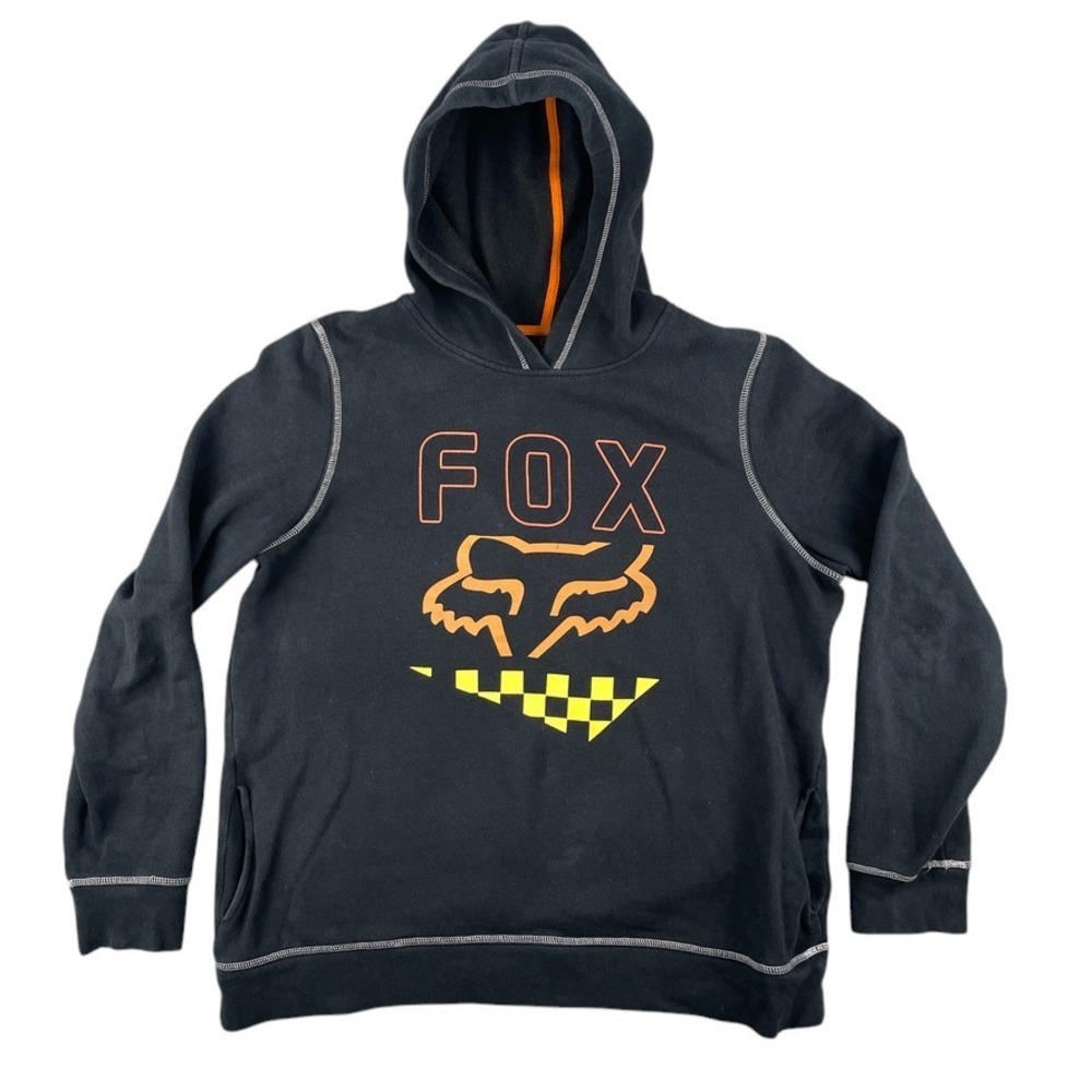 Fox Racing Hoodie Men's XL Black Pullover Orange Fox Logo Print White Stitching